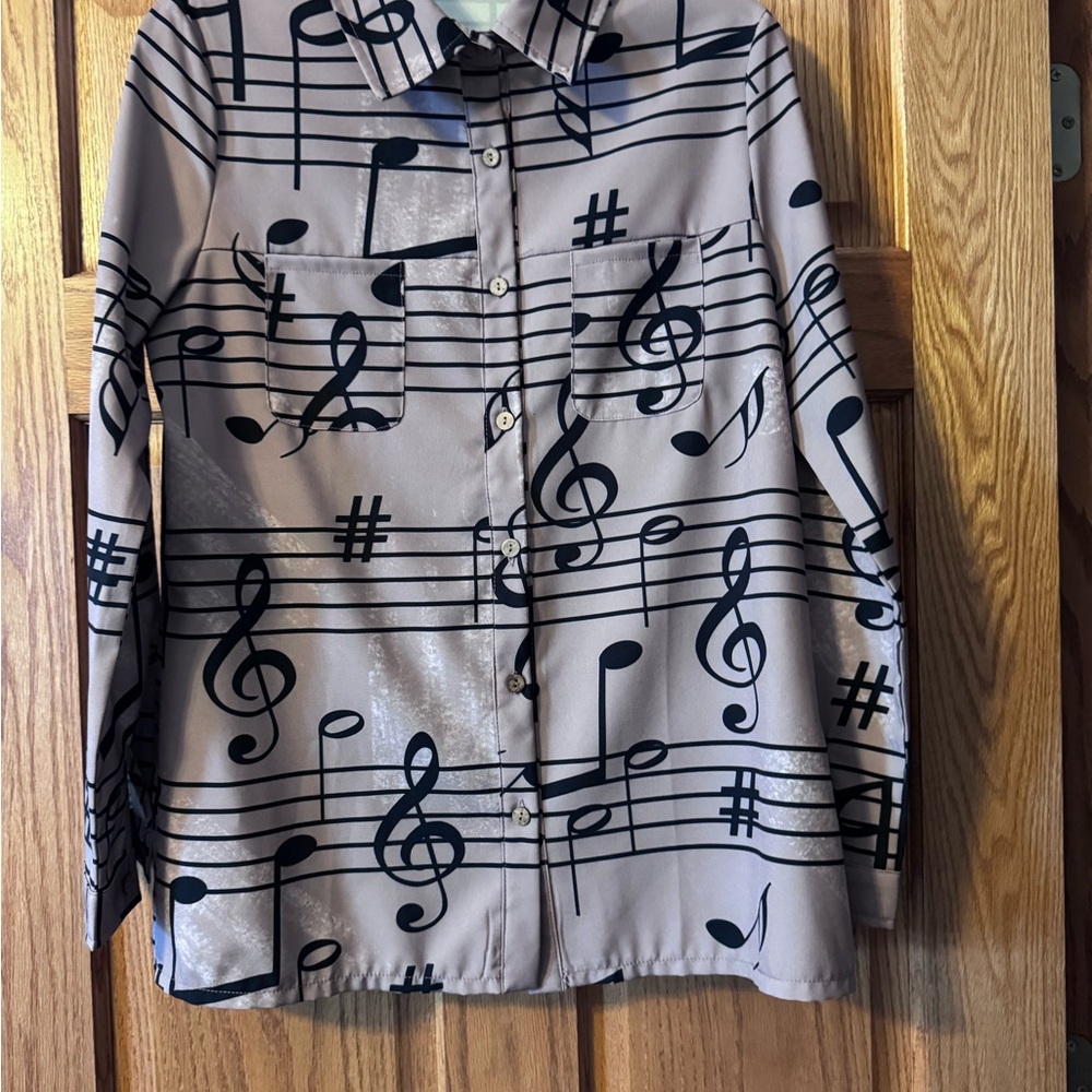 Musical Note Print Button-Up Shirt